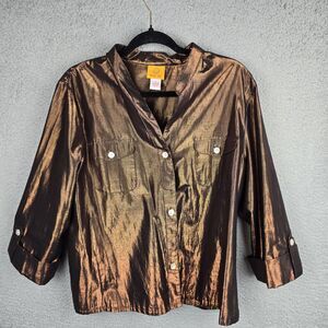 Ruby Rd Blouse Shirt Womens 18 Brown Metallic Button Up Roll Tab Sleeve Pockets